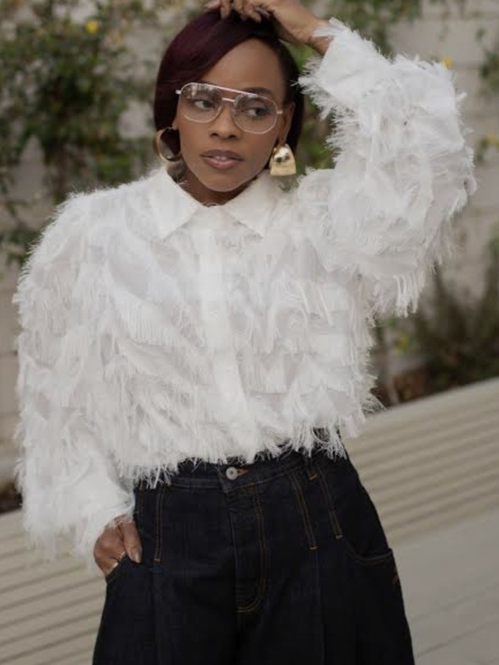 Vintage 80's White Fringe Layered Button-Up Shirt